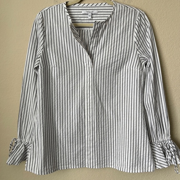 Derek Lam 10 Crosby Metallic Striped Print Long Ruffle Sleeve Career Blouse Top - Picture 1 of 13